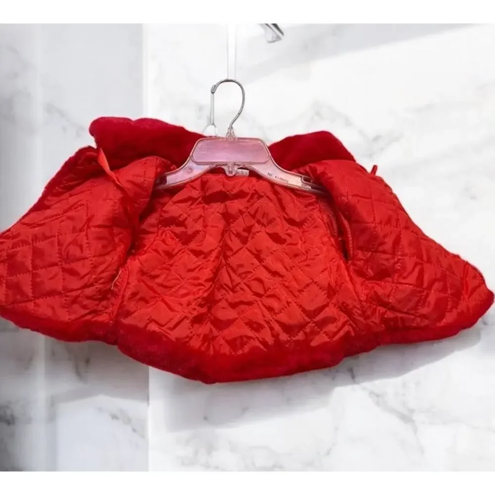Red Fluffy Jacket Cape Coat Little Girls Pom Poms Flowers No brand Size Large